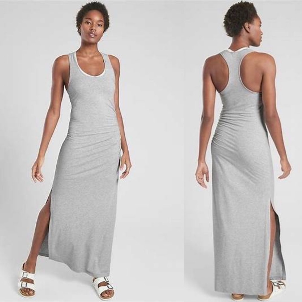 Athleta light grey playa maxi dress with racer back and ruched side size small